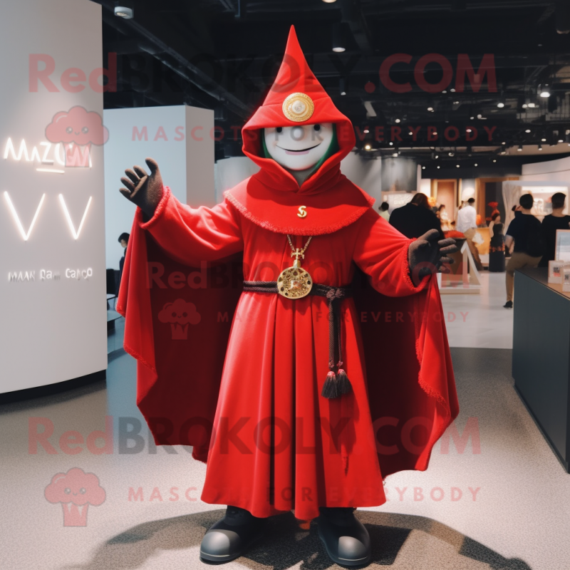 Red Magician mascot costume character dressed with a Cardigan and Clutch bags Red Magician mascot costume character dressed with a Cardigan and Clutch bags