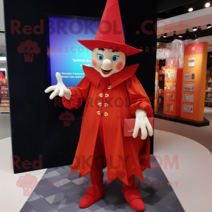 Red Magician mascot costume character dressed with a Cardigan and Clutch bags