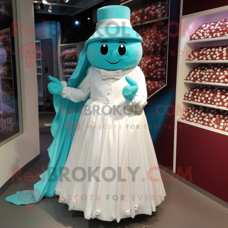 Turquoise Chocolates mascot costume character dressed with a Wedding Dress and Beanies Turquoise Chocolates mascot costume character dressed with a Wedding Dress and Beanies