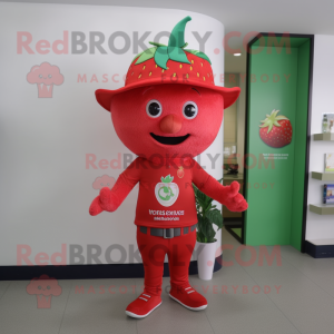 Red Strawberry mascot costume character dressed with a Graphic Tee and Hats