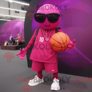 Maskotfigur af en magenta...