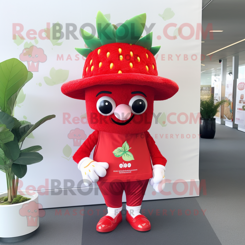 Red Strawberry mascot costume character dressed with a Graphic Tee and Hats