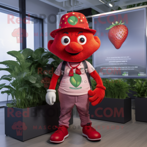 Red Strawberry mascot costume character dressed with a Graphic Tee and Hats