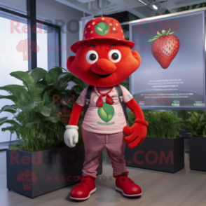 Red Strawberry mascot costume character dressed with a Graphic Tee and Hats