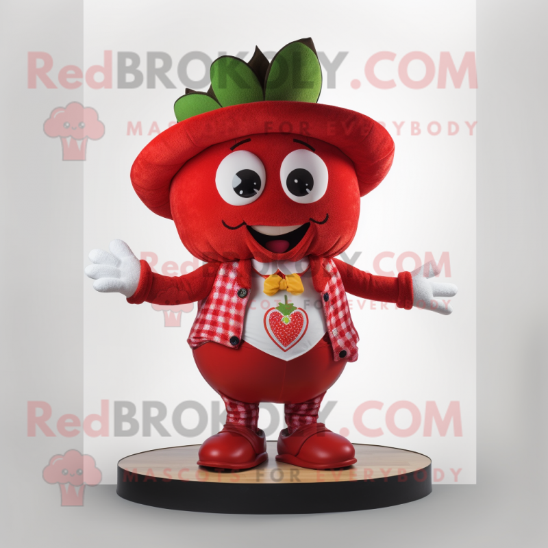 Red Strawberry mascot costume character dressed with a Graphic Tee and Hats