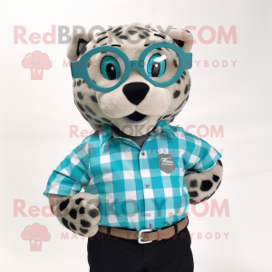 Turquoise Leopard mascot costume character dressed with a Flannel Shirt and Eyeglasses