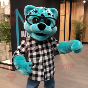 Turquoise Leopard mascot costume character dressed with a Flannel Shirt and Eyeglasses