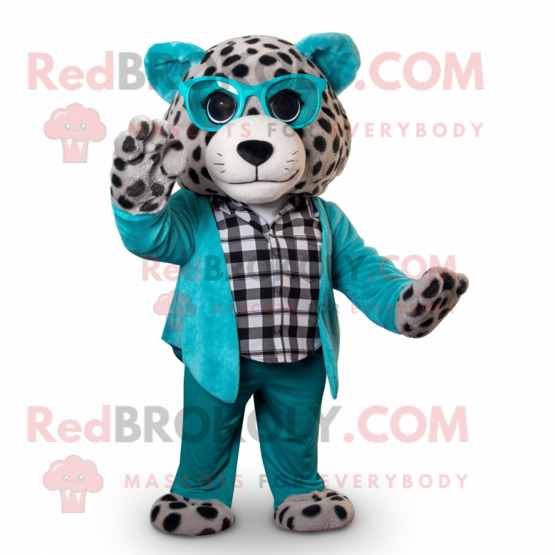 Turquoise Leopard mascot costume character dressed with a Flannel Shirt and Eyeglasses