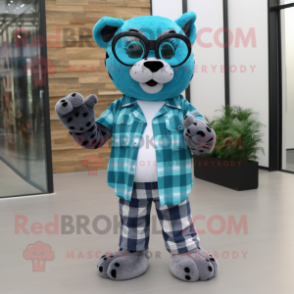 Turquoise Leopard mascot costume character dressed with a Flannel Shirt and Eyeglasses