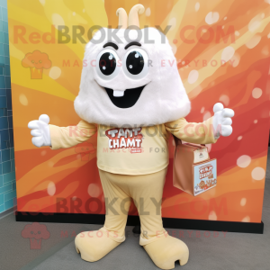 Cream Spaghetti mascot costume character dressed with a Graphic Tee and Wallets