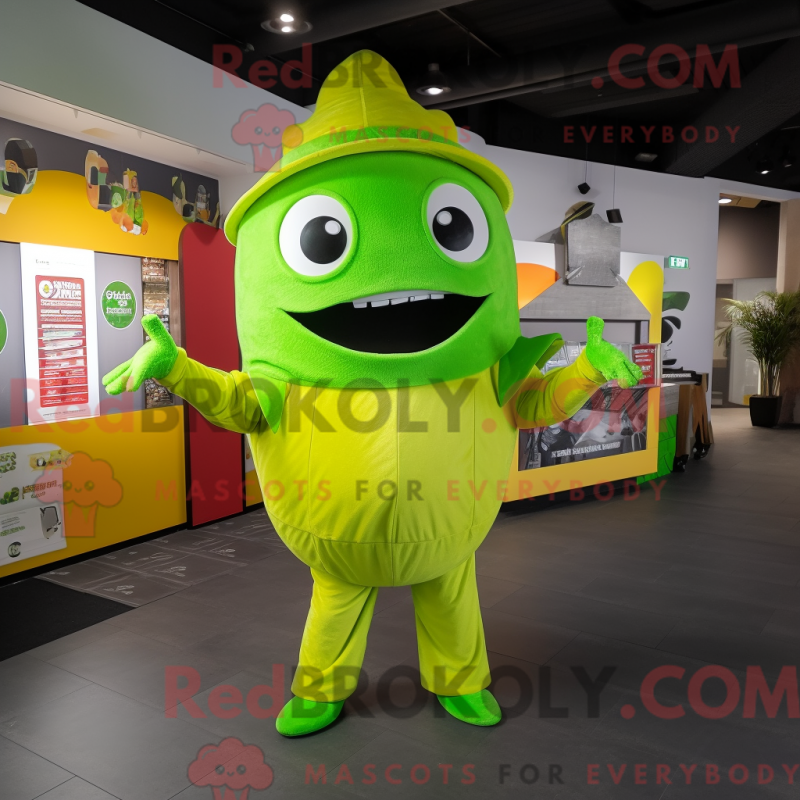 Característica de máscara de taco verde limão com macacão e boné - Mascotes da Cerveja Verde - REBROKO_396089 - RedBrokoly.com