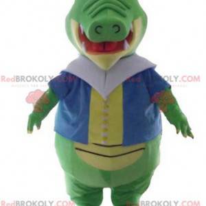 Green and yellow crocodile mascot with a colorful vest -