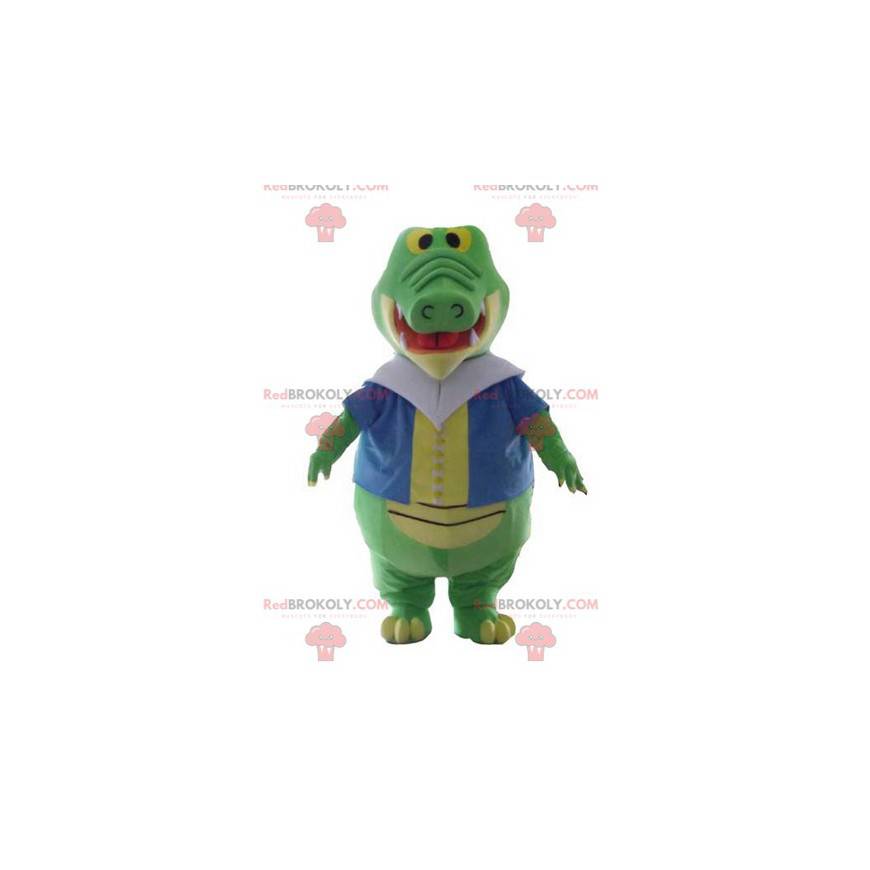 Green and yellow crocodile mascot with a colorful vest -