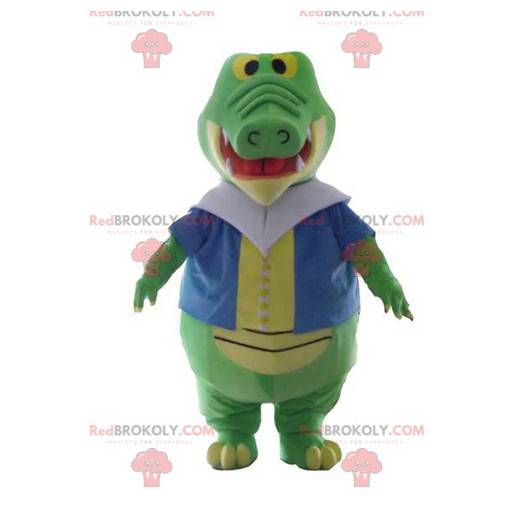 Green and yellow crocodile mascot with a colorful vest -