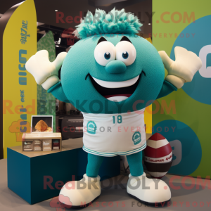 Maskotfigur af en cyan...