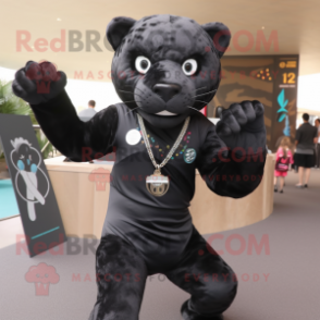 Black Jaguar mascot costume character dressed with a Running Shorts and Shawl pins