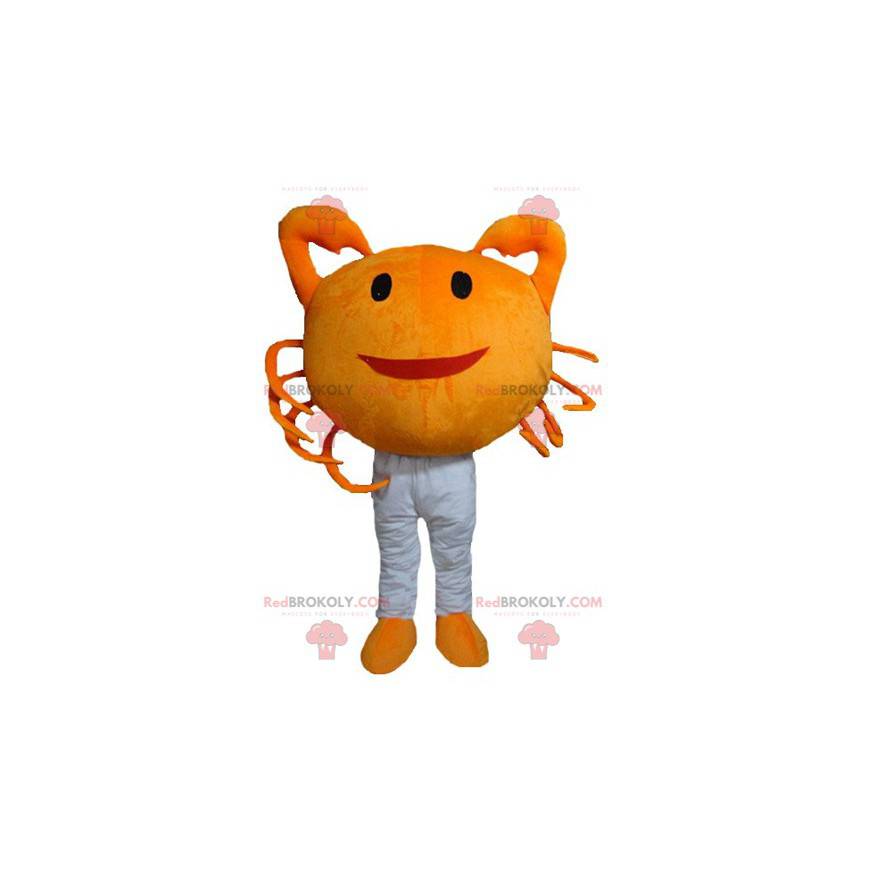 Mascotte di granchio arancione gigante e sorridente -