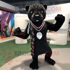 Black Jaguar mascot costume character dressed with a Running Shorts and Shawl pins