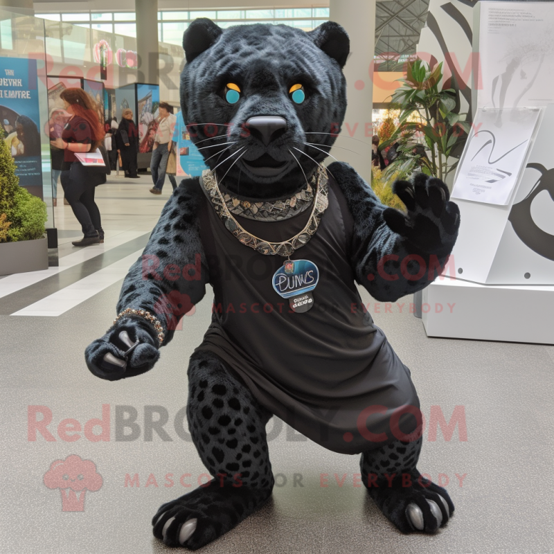 Black Jaguar mascot costume character dressed with a Running Shorts and Shawl pins