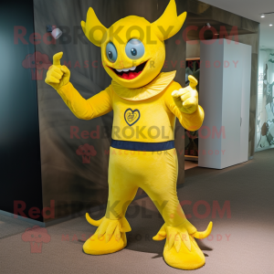 Lemon Yellow Devil mascot costume character dressed with a Flare Jeans and Lapel pins