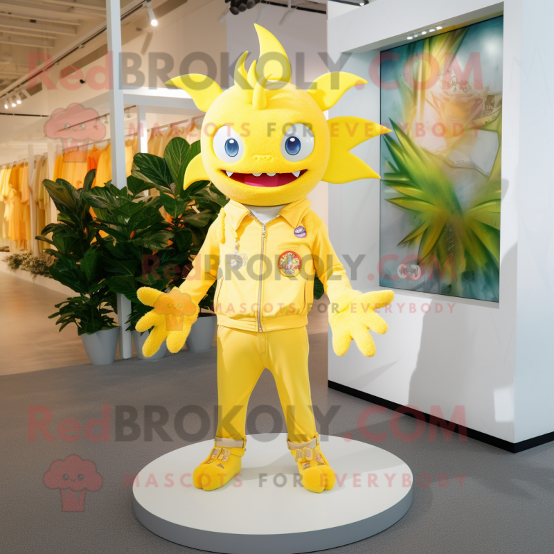 Lemon Yellow Devil mascot costume character dressed with a Flare Jeans and Lapel pins