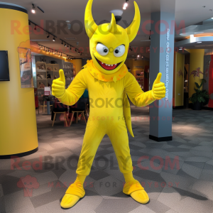 Lemon Yellow Devil mascot costume character dressed with a Flare Jeans and Lapel pins