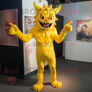 Lemon Yellow Devil mascot costume character dressed with a Flare Jeans and Lapel pins