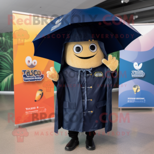 Navy Tacos mascot costume character dressed with a Raincoat and Lapel pins