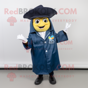 Navy Tacos mascot costume character dressed with a Raincoat and Lapel pins