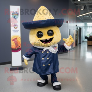 Navy Tacos mascot costume character dressed with a Raincoat and Lapel pins