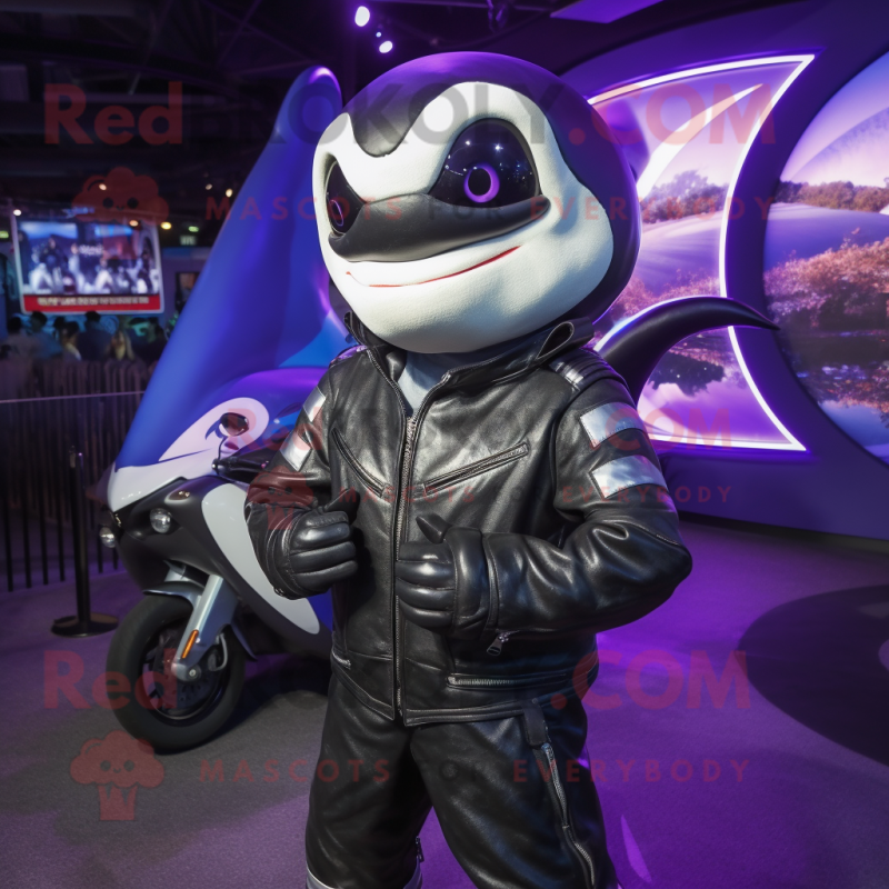 Purple Killer Whale mascot costume character dressed with a Moto Jacket and Earrings Purple Killer Whale mascot costume character dressed with a Moto Jacket and Earrings