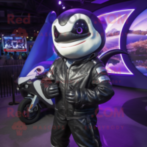 Purple Killer Whale mascot costume character dressed with a Moto Jacket and Earrings