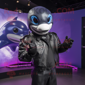 Purple Killer Whale mascot costume character dressed with a Moto Jacket and Earrings