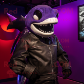 Purple Killer Whale mascot costume character dressed with a Moto Jacket and Earrings