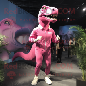 Pink Allosaurus mascot costume character dressed with a Joggers and Lapel pins