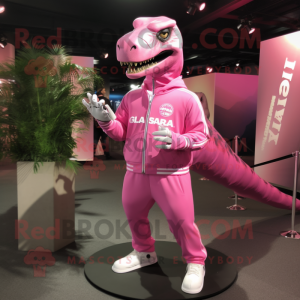 Pink Allosaurus mascot costume character dressed with a Joggers and Lapel pins