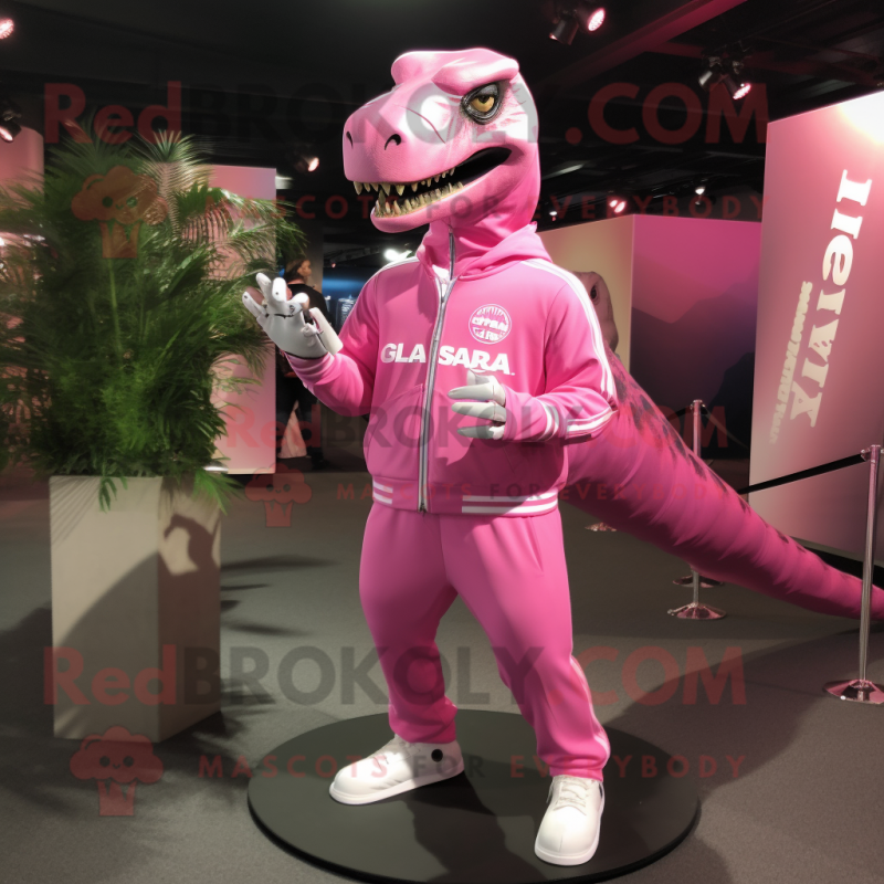 Pink Allosaurus mascot costume character dressed with a Joggers and Lapel pins