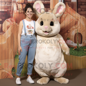 Beige Chinchilla mascot costume character dressed with a Mom Jeans and Hairpins