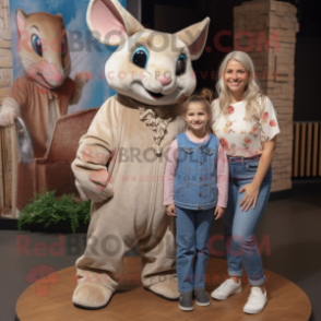 Beige Chinchilla mascot costume character dressed with a Mom Jeans and Hairpins