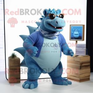 Blue Ankylosaurus mascot costume character dressed with a Henley Shirt and Eyeglasses