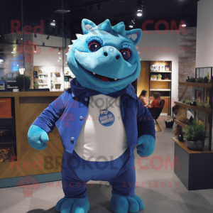 Blue Ankylosaurus mascot costume character dressed with a Henley Shirt and Eyeglasses
