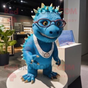 Blue Ankylosaurus mascot costume character dressed with a Henley Shirt and Eyeglasses