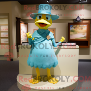 Maskotkarakter af en cyan...