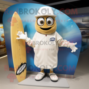 Cream Surfboard mascot costume character dressed with a Moto Jacket and Caps