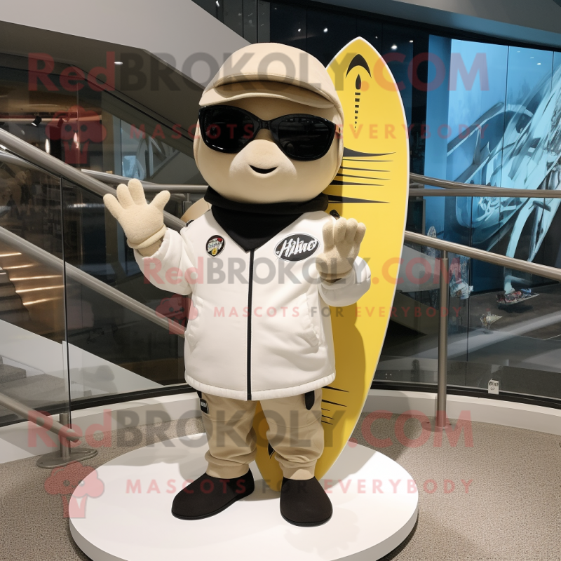 Cream Surfboard mascot costume character dressed with a Moto Jacket and Caps Cream Surfboard mascot costume character dressed with a Moto Jacket and Caps