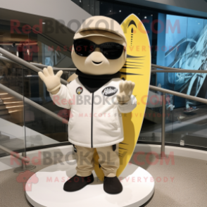 Cream Surfboard mascot costume character dressed with a Moto Jacket and Caps