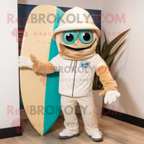 Cream Surfboard mascot costume character dressed with a Moto Jacket and Caps