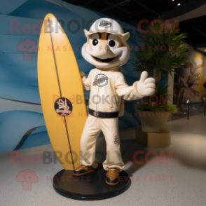 Cream Surfboard mascot costume character dressed with a Moto Jacket and Caps