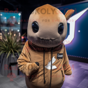 Brown Narwhal mascot costume character dressed with a Hoodie and Lapel pins
