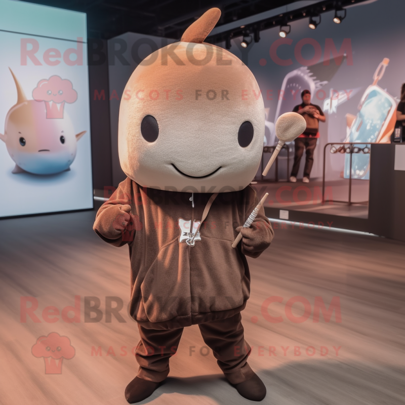 Brown Narwhal mascot costume character dressed with a Hoodie and Lapel pins Brown Narwhal mascot costume character dressed with a Hoodie and Lapel pins
